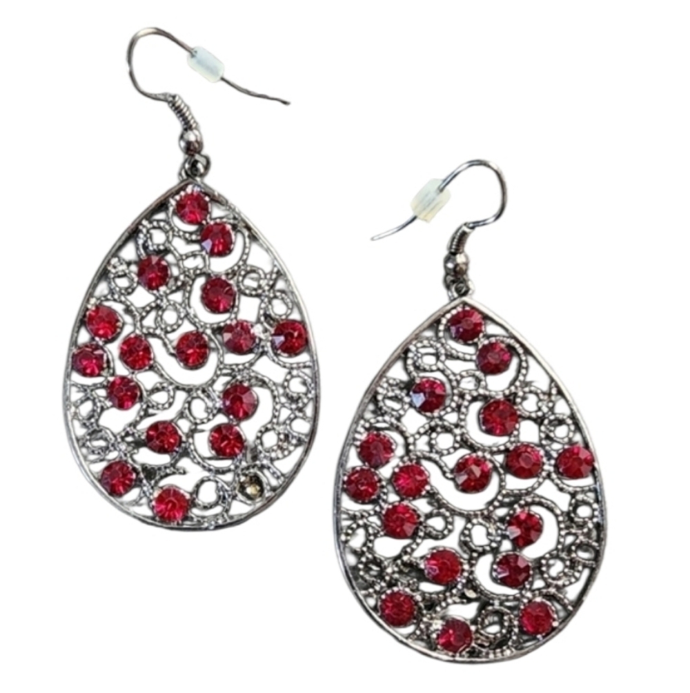 Red Silvertone Teardrop Earrings